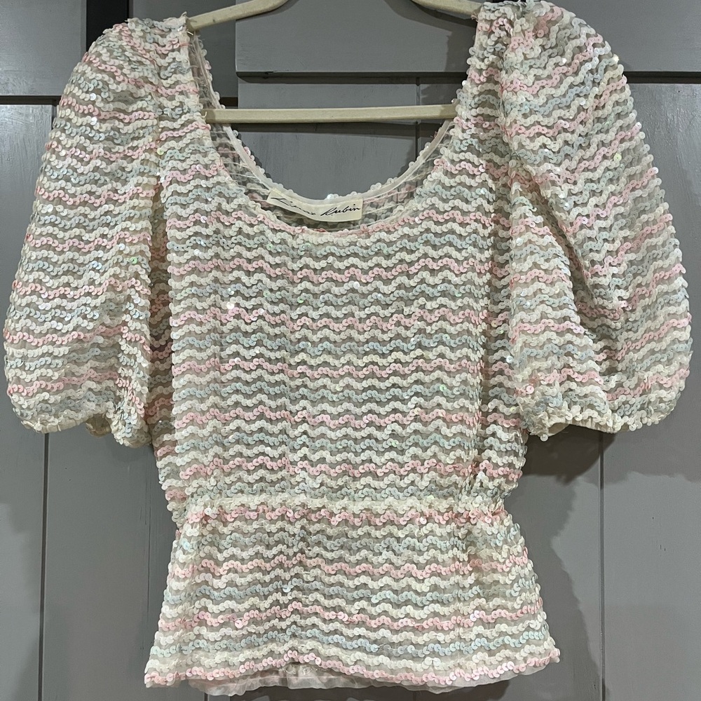 Vintage 1980’s Lillie Rubin Hand Sequined Puffed  Sleeve Top Elastic Waist
